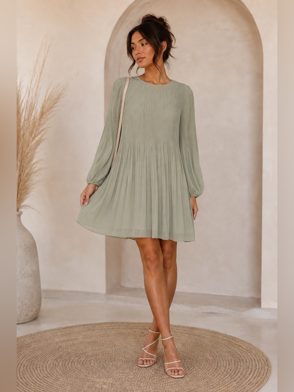 Aritzia Wilfred Daydreamer Pleated Chiffon Mini Dress Sage Green 2XL